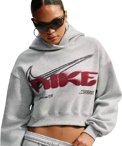 Nike Women's Studio Fleece Cropped Graphic Hoodie - Grey/Red